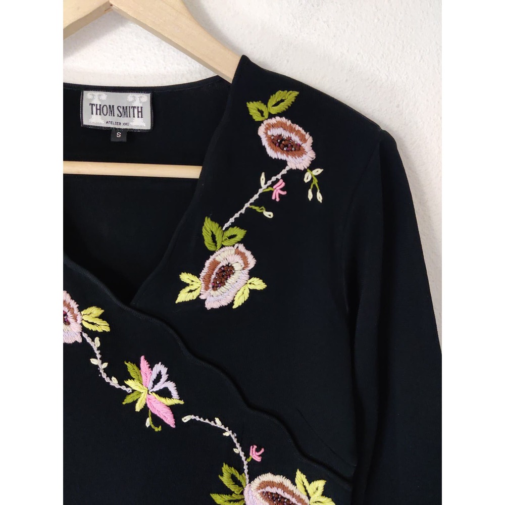 3/$20 Thom Smith Black Embroidered Floral Long Sleeve V-Neck Silk Midi Dress S - Picture 2 of 9